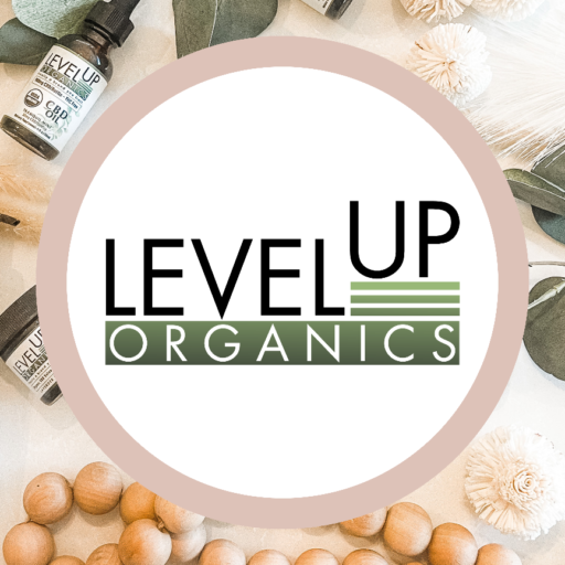 Level Up Organics Logo with Pink and White Background